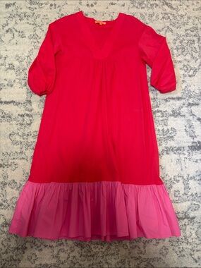 Rare Vilagallo Red V-Neck Midi with Pink Ruffle Hem Dress
